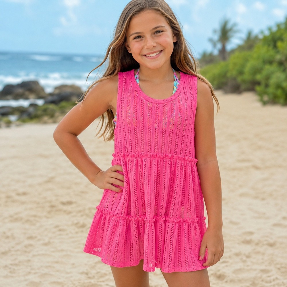 Epic Threads Girls XL Plyo Pink Crochet Mesh Tiered Swim‎ Coverup Dress NWT